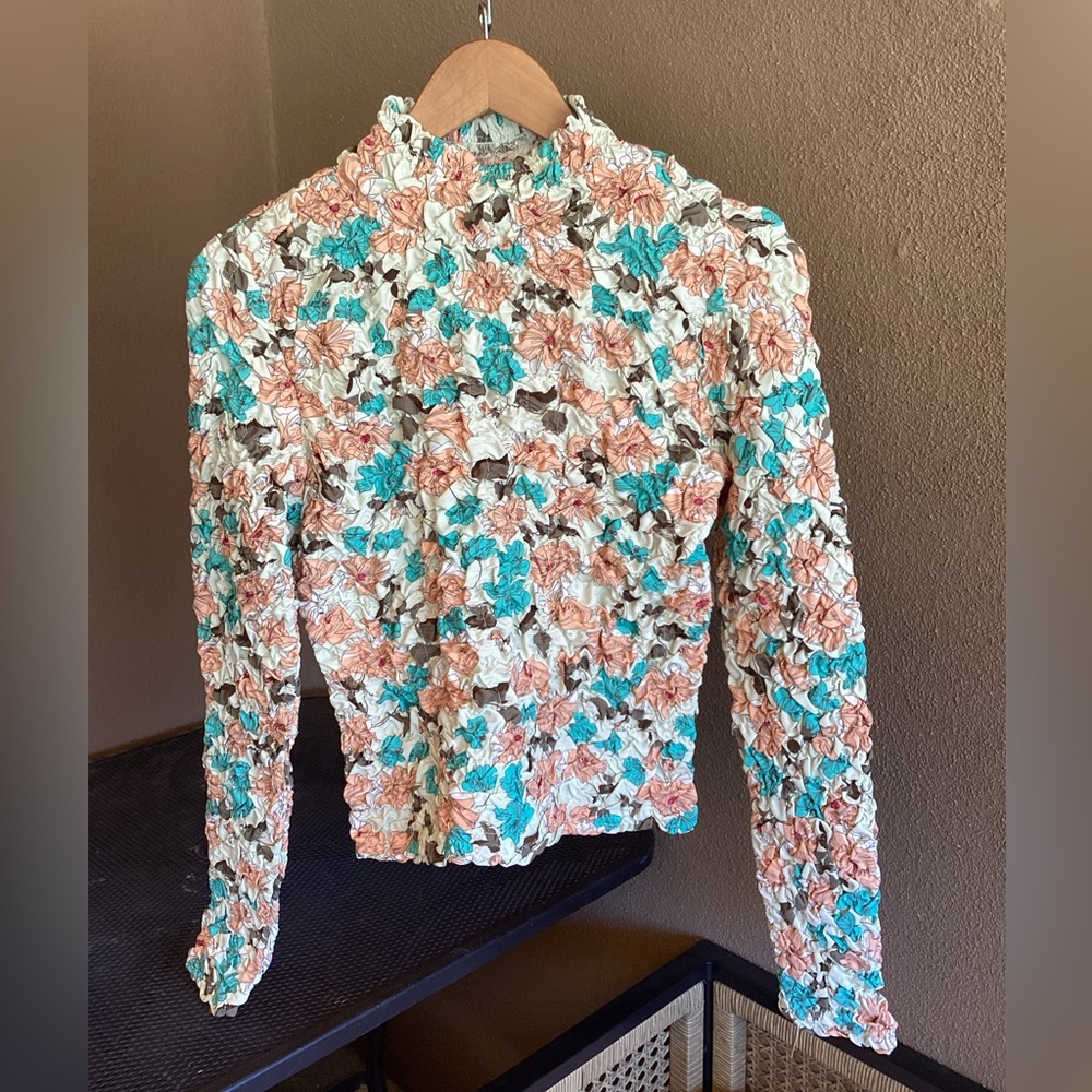 NWT ANTHROPOLOGIE Dolan Blue and Brown Smocked Ruffled Long Sleeve Blouse Size M - Picture 7 of 9